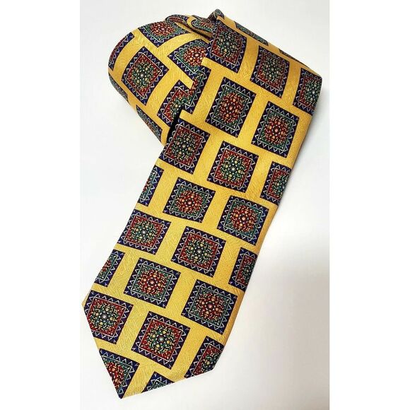 Tom James 100% Silk Tie USA Yellow/Purple/Red/Green Square Geometric Pattern - Picture 1 of 11